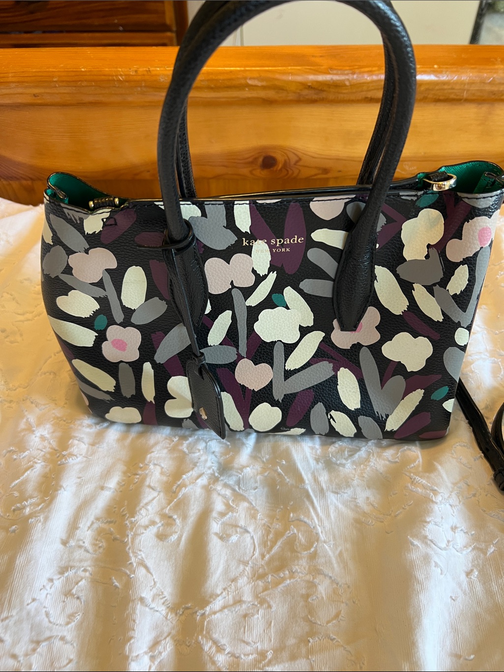 Kate Spade Black Floral-Print Leather Satchel With Teal Interior